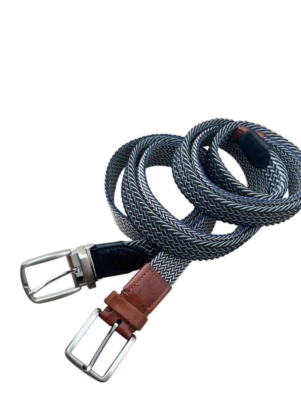 Tommy Bahama Mens Braided Belt Set L/XL Leather Accents Navy & White Weave